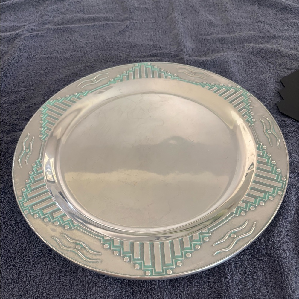 Elegant Silver and Teal Decorative Serving Plate